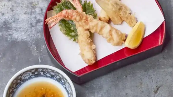 Uniquely Japanese: tempura of white asparagus, shrimp, and Hokkai shiso