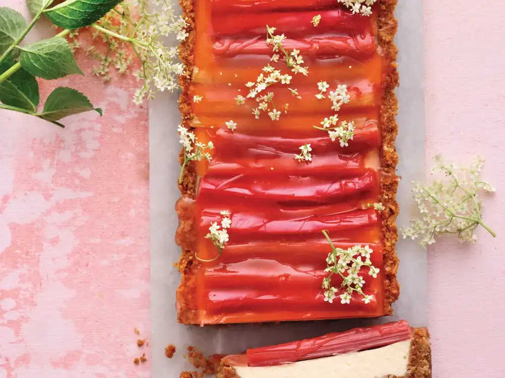 Rhubarb cake with elderflower syrup