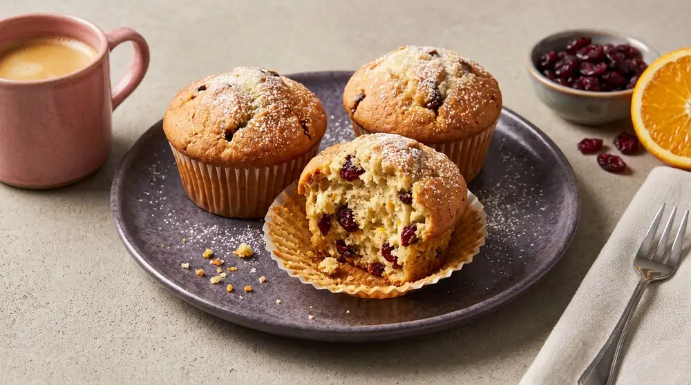 Fruity cranberry and orange muffins made from a simple batter