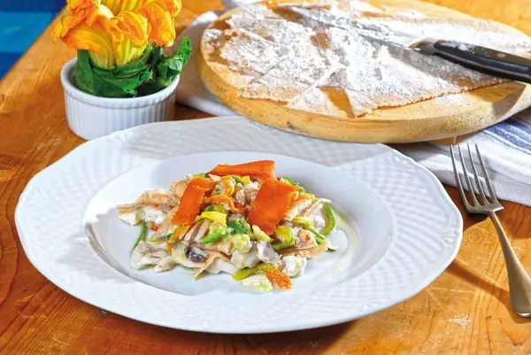 Maltagliati with fish and courgette flowers