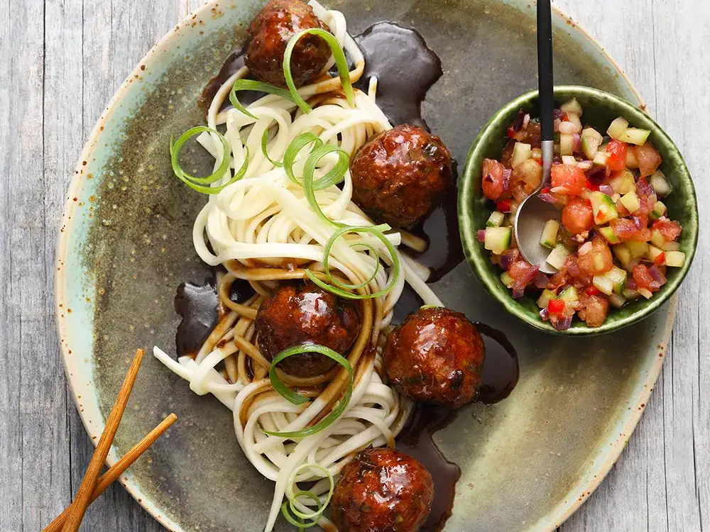 Recipe for lamb meatballs with udon noodles and cucumber-melon relish