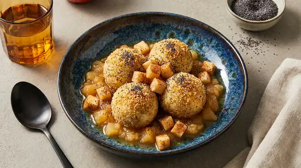 Albóndigas de cuajada de frutas con semillas de amapola y pan rallado tostado crujiente
