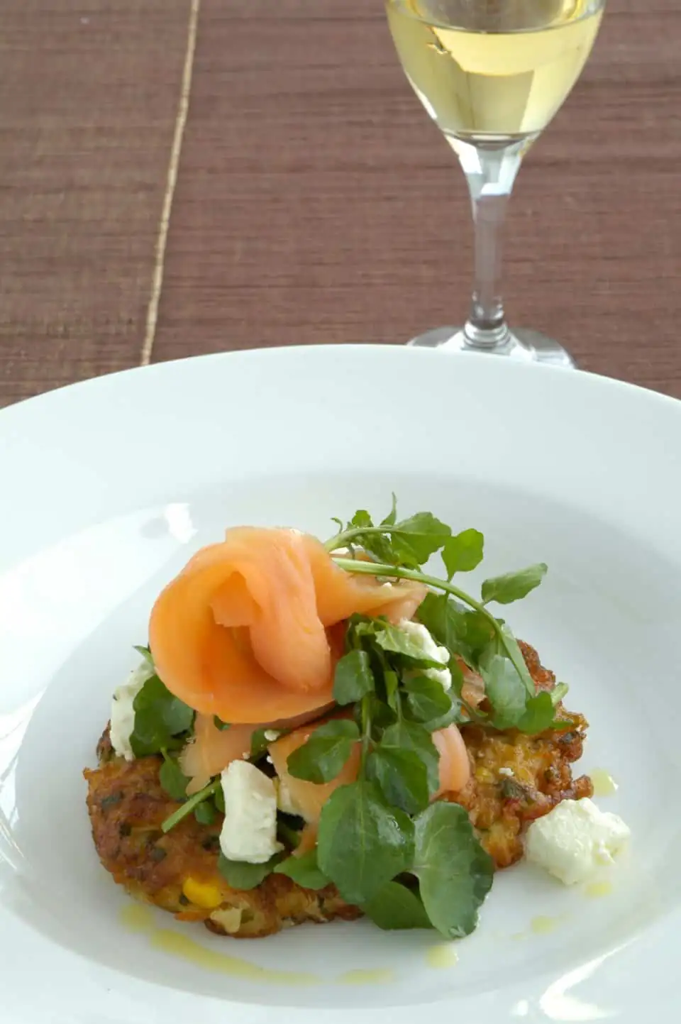 Corn Fritters with Smoked Salmon, Feta and Watercress