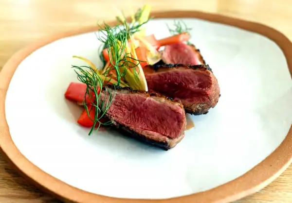 Pechuga de pato silvestre con ruibarbo, hinojo y miel