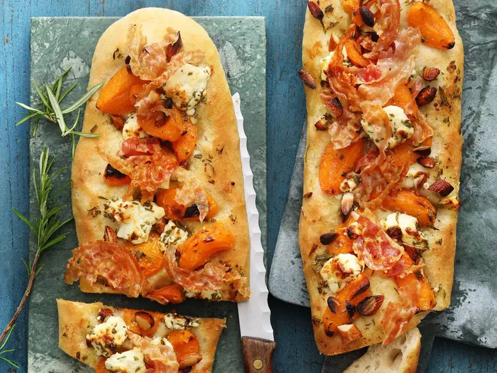 Recipe: Apricot focaccia with almonds and pancetta