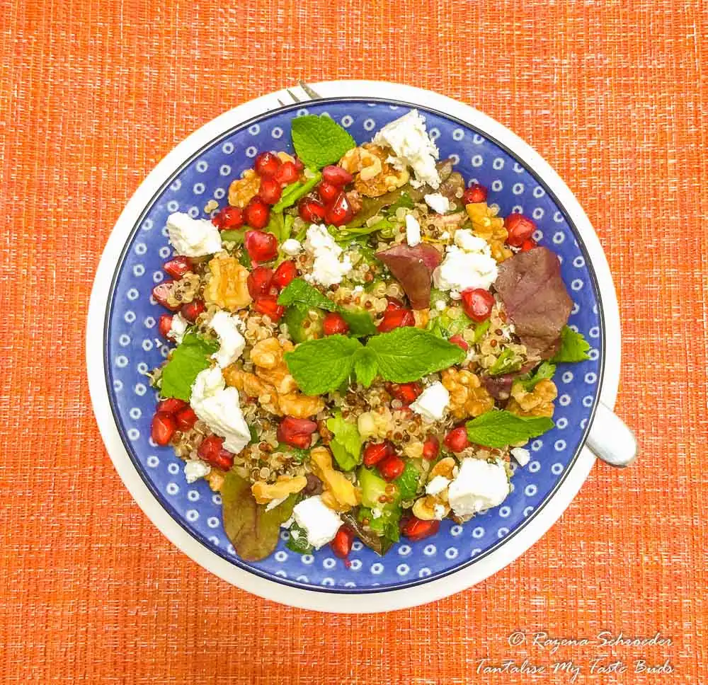 Tricolor Quinoa Salad With Pomegranate, Walnuts And Feta