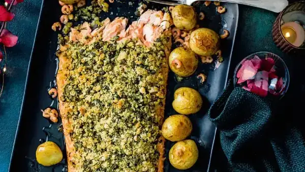 Herb-crusted salmon with shrimp butter