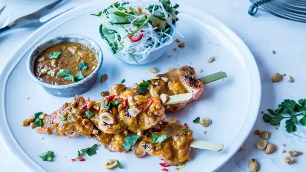 Salmon skewers with satay sauce