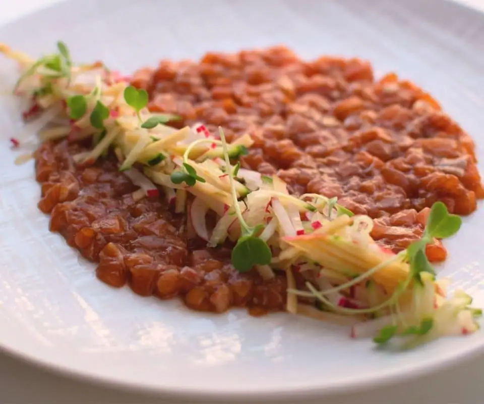 Salmon Tartare with Apple, Cucumber and Radish Salad