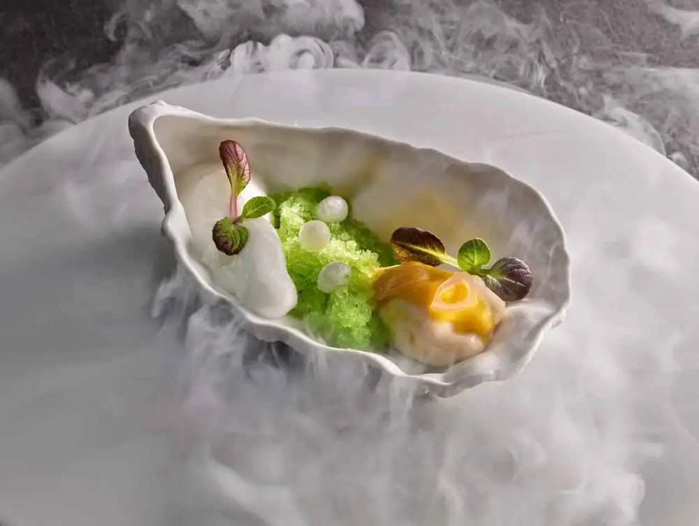 Pickled Oyster w/ Iced Cucumber, Wine & Spicy Apple Foam