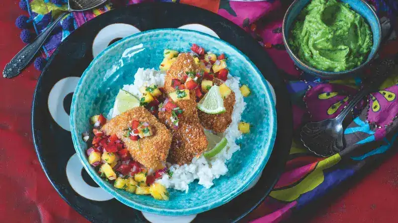 Fish in coconut breadcrumbs with pineapple salsa