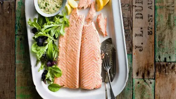 Poached salmon with lemon-parsley remoulade