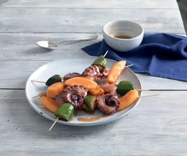 Octopus, Zucchini and Melon Skewers with Marsala Glaze