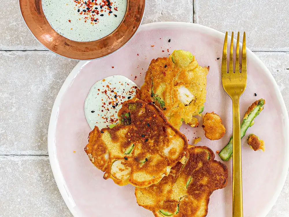 Asparagus pakora with raita