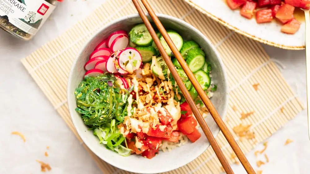 The secret to this summery poke bowl lies in marinated watermelon