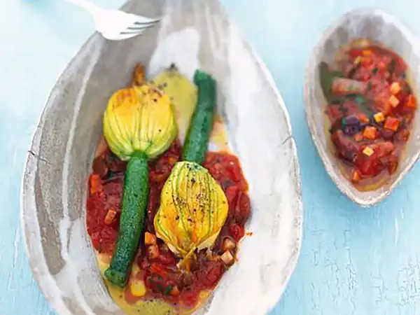 Zucchini blossom with salt cod puree on tomato sauce