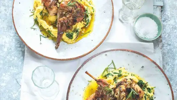 Rabbit with garlic and rosemary & spinach polenta