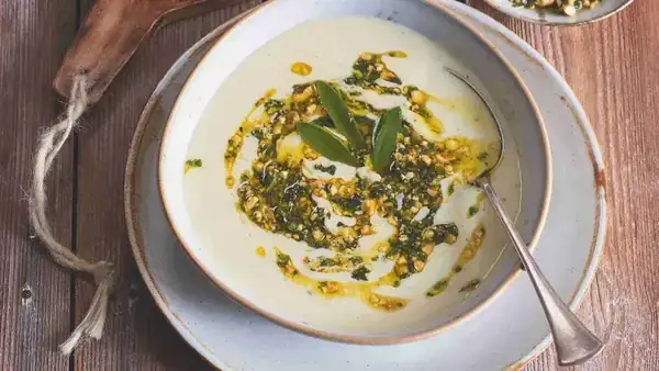 Celery soup with sage and hazelnuts