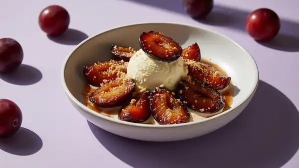 Caramelized plums with vanilla ice cream: cold meets hot