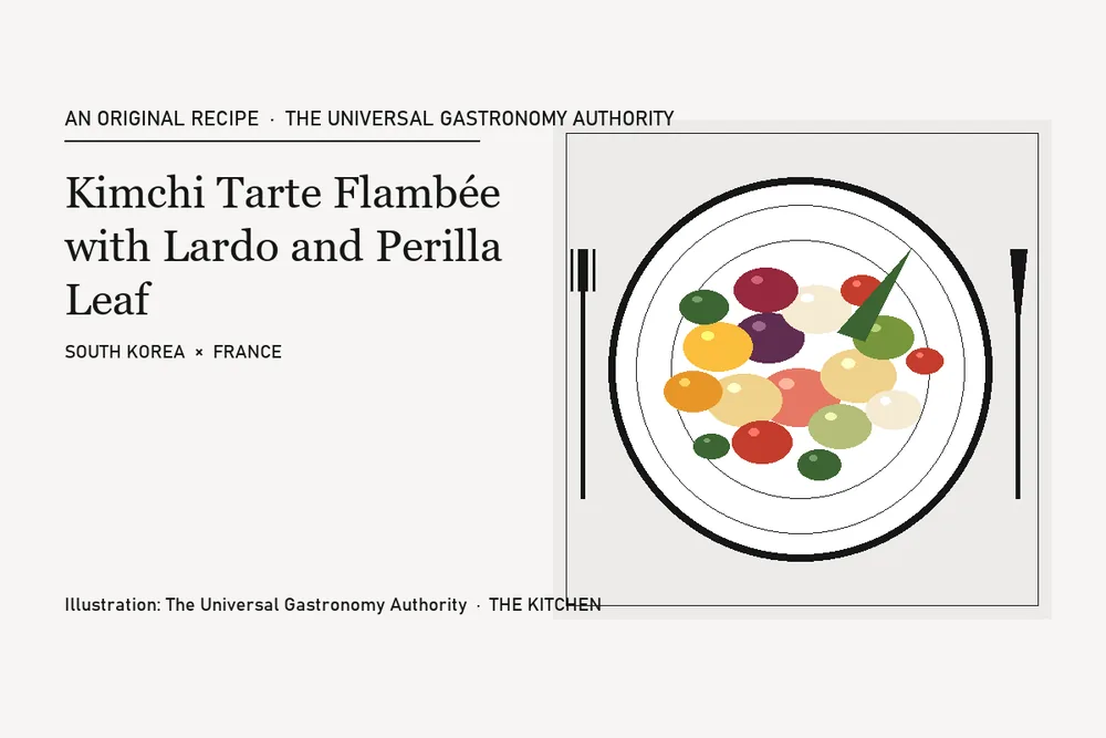 Kimchi Tarte Flambée with Lardo and Perilla Leaf
