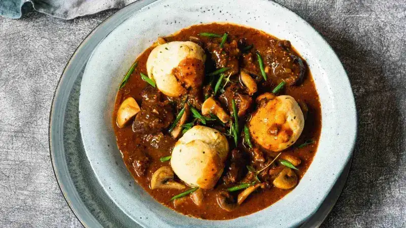 Beer-braised beef with cheddar dumplings