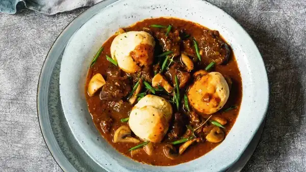 Beer-braised beef with cheddar dumplings