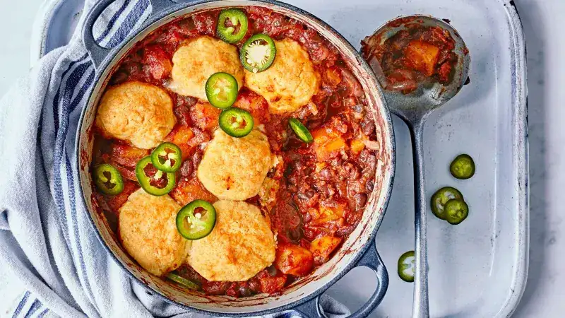 Stewed sweet potatoes with beans and cheddar dumplings