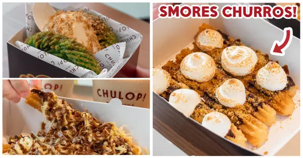Reseña de Chulop: Puesto de churros en Tanah Merah con churros de s'mores y sándwiches de helado de pandan.