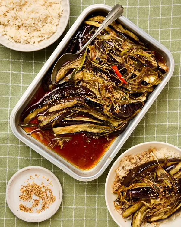 Meera Sodha’s vegan recipe for soy, sake and sesame oil-braised aubergines