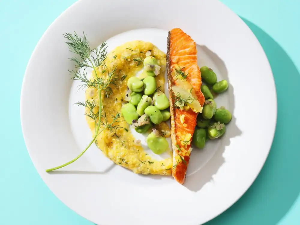 Quick recipe: Salmon with broad beans and polenta