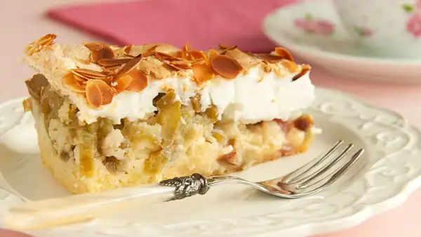 We make this divine rhubarb tart with meringue and flaked almonds all spring long
