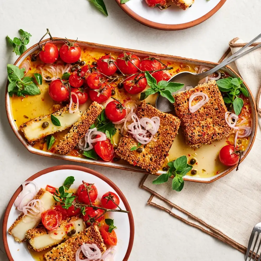 Halumi costroso con sésamo y semillas de nigela con tomates asados