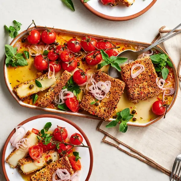 Sesame and nigella seed crusted halloumi with roast tomatoes