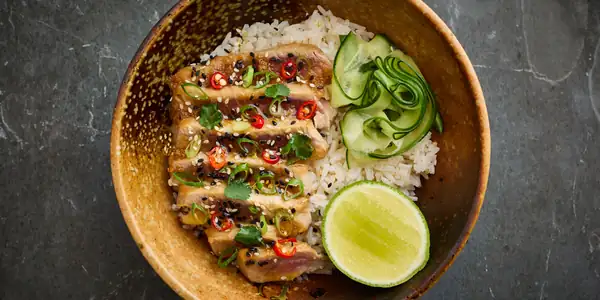 Tataki-style tuna poke bowl with ginger soy butter recipe