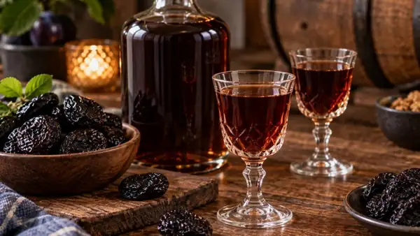 Homemade sugar-free prune liqueur: a thick texture and rich aroma