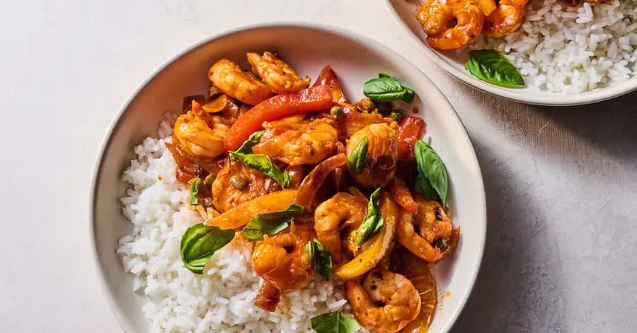 Receta de peperonata con camarones • 5★ • 40 min