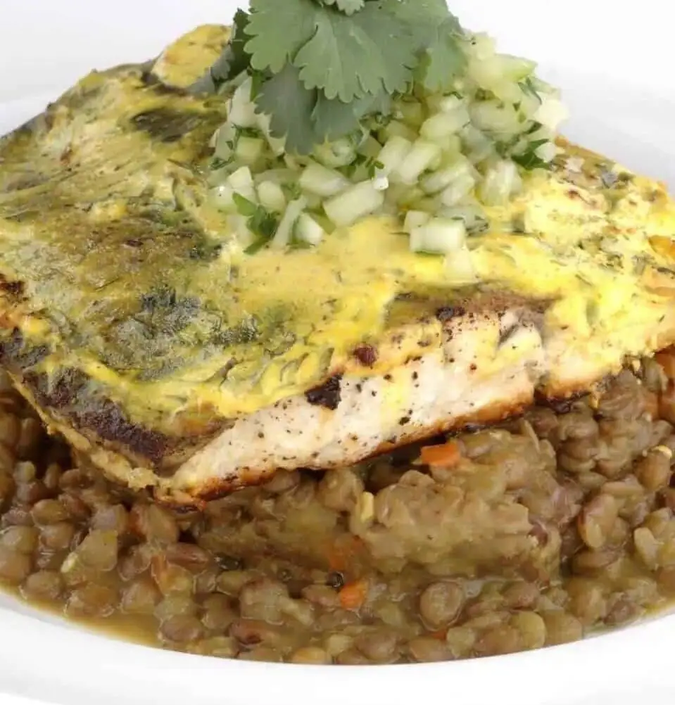 Lemon Crusted Barramundi w/ Spiced Lentils & Cucumber Mint Salsa
