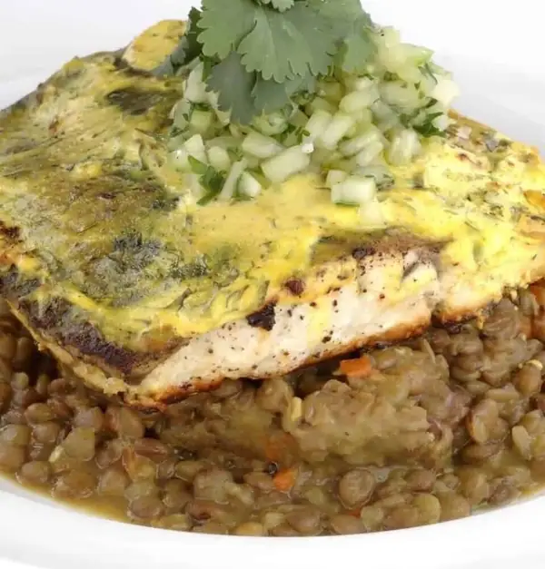 Lemon Crusted Barramundi w/ Spiced Lentils & Cucumber Mint Salsa