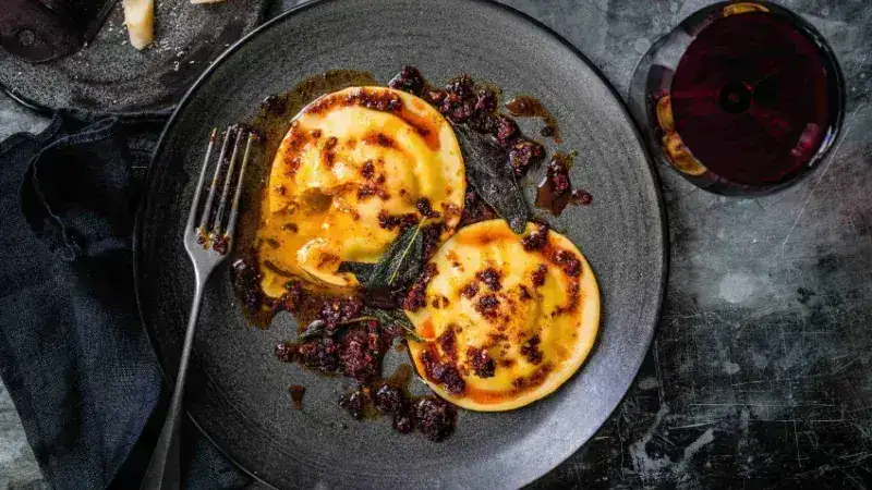 Egg yolk ravioli with Italian 'nduja salami