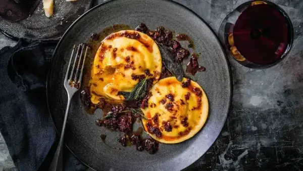 Egg yolk ravioli with Italian 'nduja salami