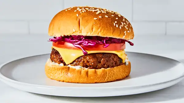 The Ultimate Plant-Based Burger with Ramp Aioli, Purple Cabbage & Tomatoes