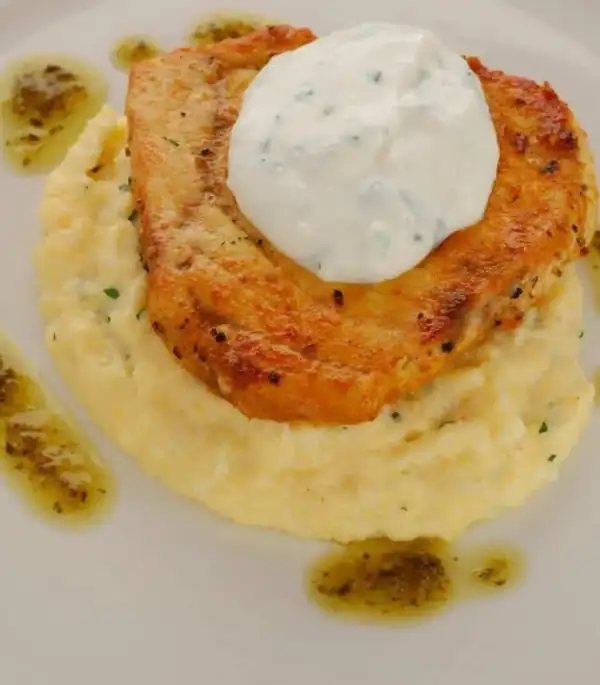 Moroccan Swordfish on Creamy Polenta with Coriander & Lemon Oil
