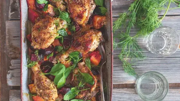 Chicken thighs with sweet potatoes and beets from one baking dish