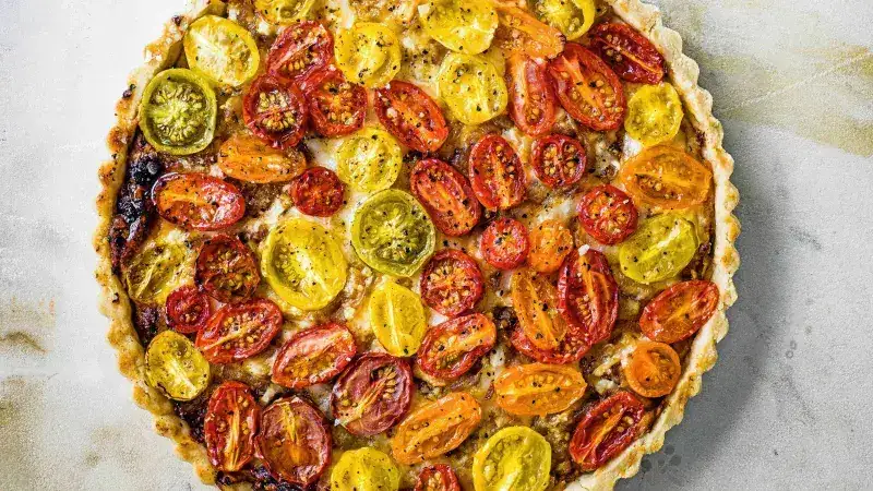 Tomato pie made from dough with olive oil