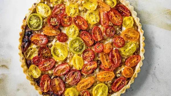 Tomato pie made from dough with olive oil