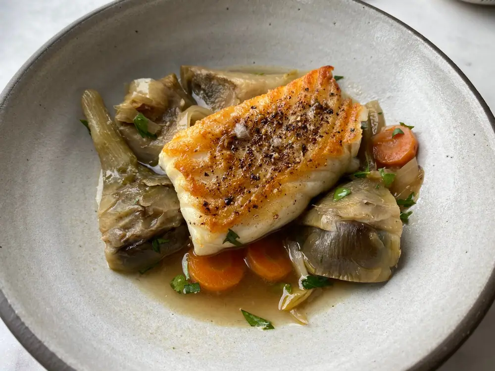 Seared Halibut with Wine-Braised Artichokes à la Barigoule
