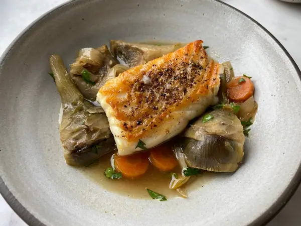 Seared Halibut with Wine-Braised Artichokes à la Barigoule
