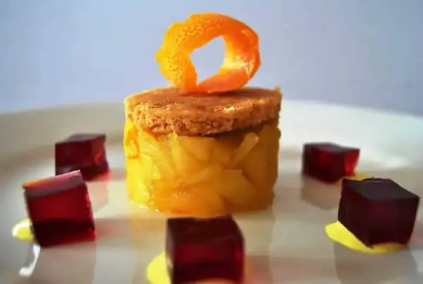 Chilled Apple & Orange Crumble w/ Strawberry Jelly & Custard