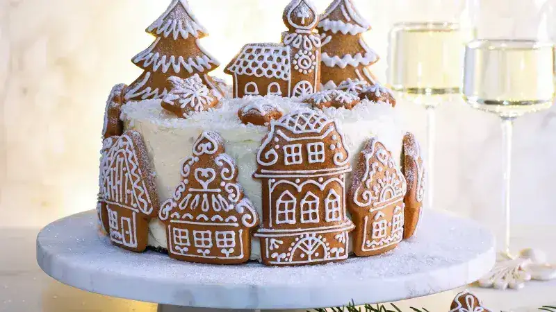 Christmas gingerbread cake decorated with painted gingerbread cookies
