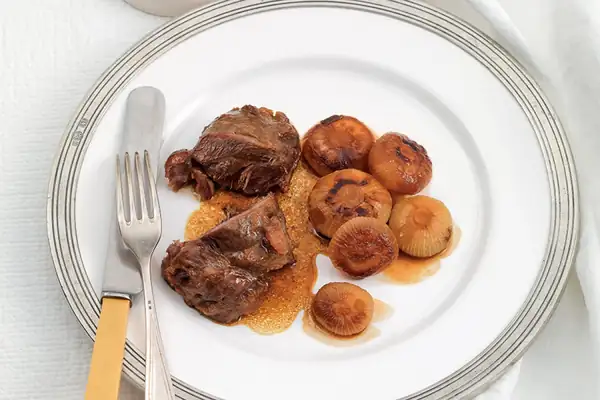 Braised Pork Cheeks and Glazed Onions
